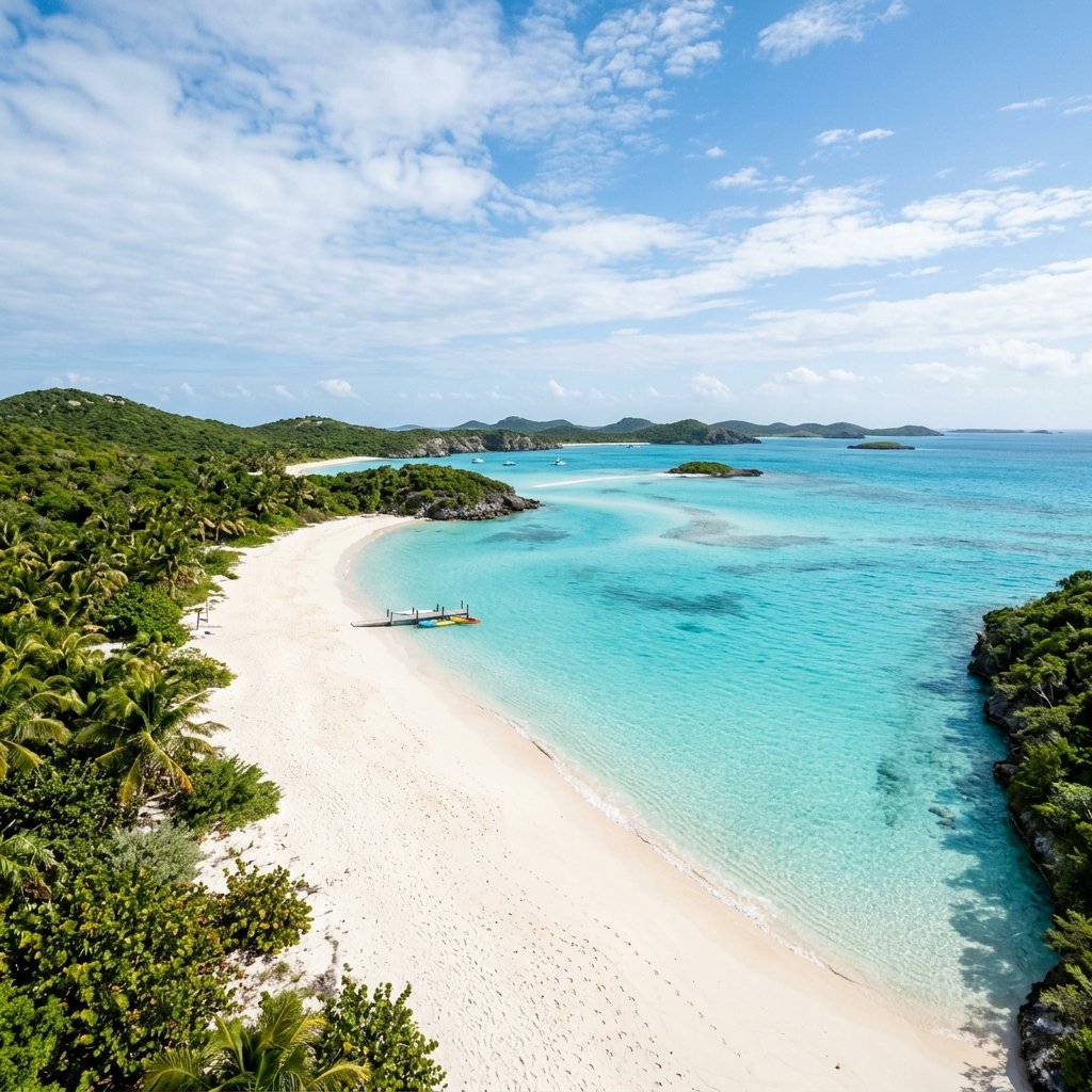 Malerischer Blick auf einen tropischen Strand auf den Bahamas mit klarem, türkisfarbenem Wasser und weißem Sand unter einem sonnigen Himmel