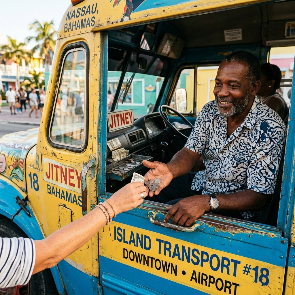 Ein Reisender zahlt einem freundlichen Fahrer passendes Bargeld beim Aussteigen aus einem farbenfrohen lokalen Jitney-Bus in Nassau