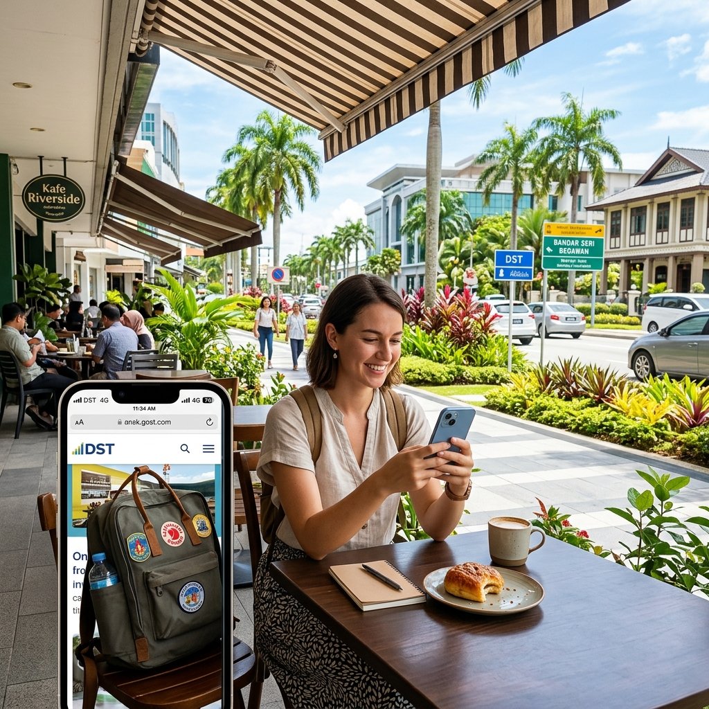 Un viajero usando un teléfono inteligente conectado a la red DST 4G en Bandar Seri Begawan