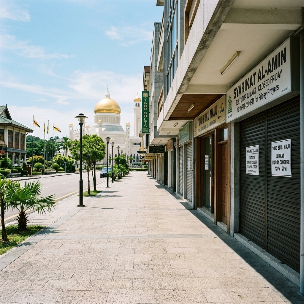 Tiendas cerradas y entradas de centros comerciales en Brunei durante el horario obligatorio de cierre por las oraciones del viernes