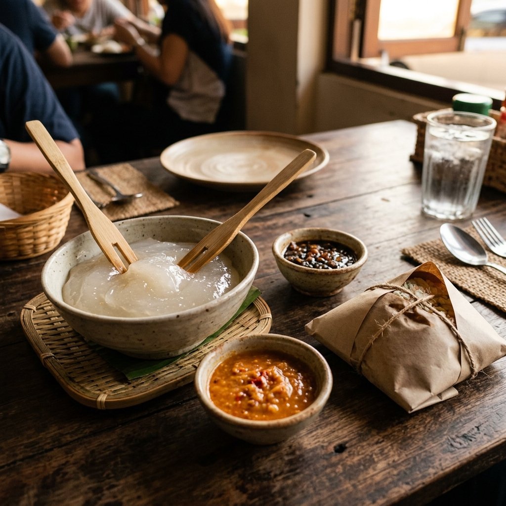 Un tazón de Ambuyat tradicional servido con palillos chandas y salsas junto a un paquete de Nasi Katok