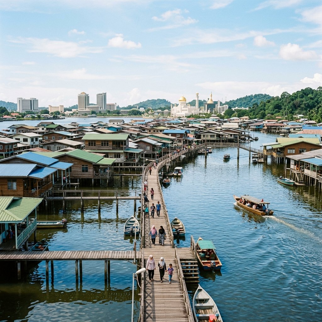 Vista panorámica de las casas sobre pilotes del pueblo flotante Kampong Ayer en el río Brunei