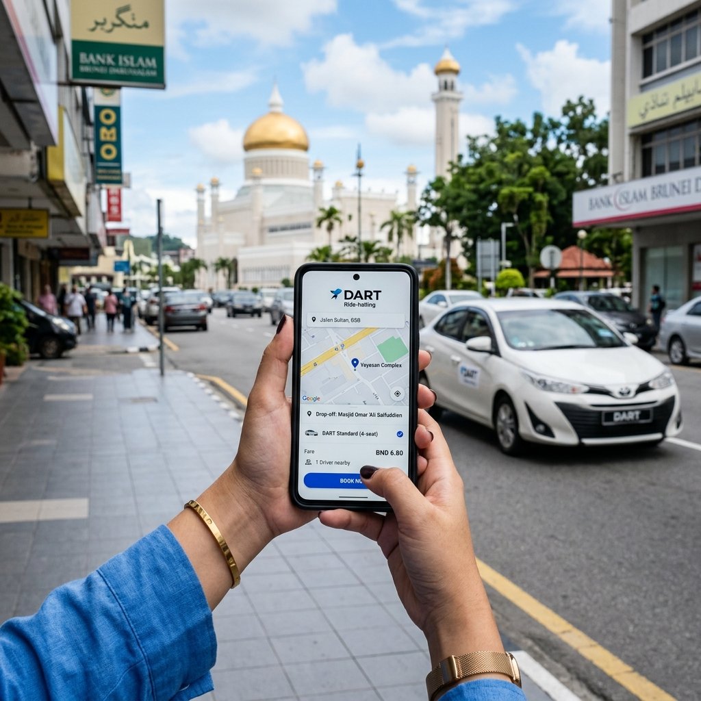 Un turista reservando un viaje en un teléfono inteligente usando la aplicación Dart en una calle de Bandar Seri Begawan