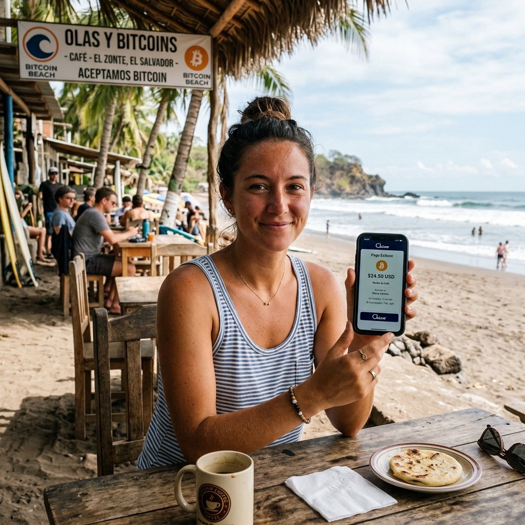Tourist bezahlt mit der Chivo-Wallet-App in einem Strandcafé in El Zonte, El Salvador