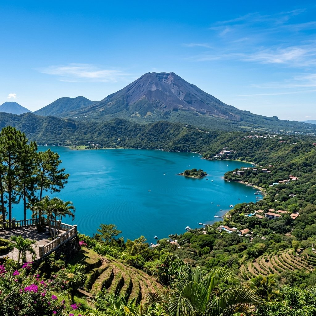 Herrliche Aussicht auf den Coatepeque-See und den Vulkan Santa Ana unter blauem Himmel in El Salvador