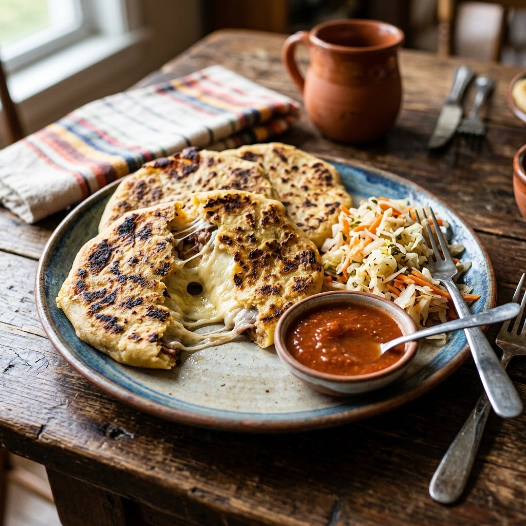 Ein Teller mit frischen, heißen salvadorianischen Pupusas mit schmelzendem Käse und Curtido