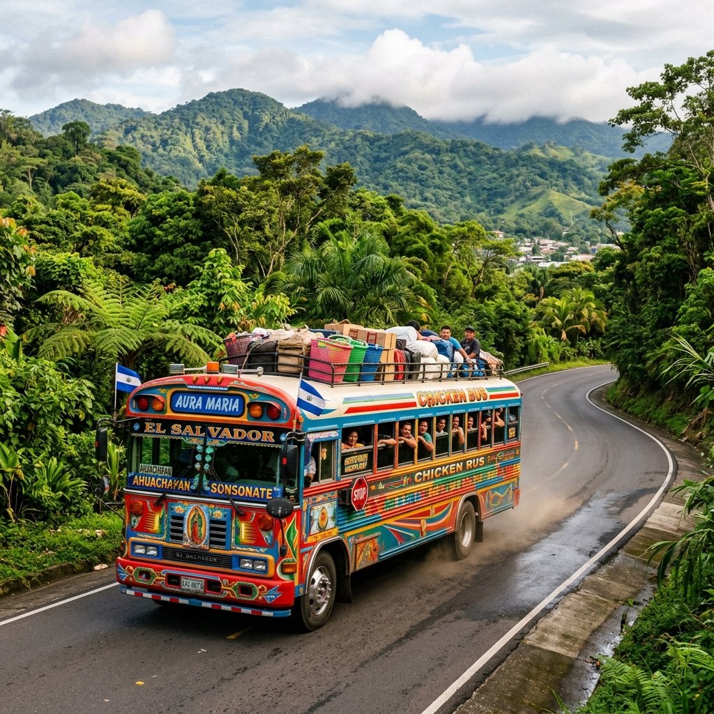Bunter, lebendiger Chicken Bus fährt auf einer Straße in El Salvador