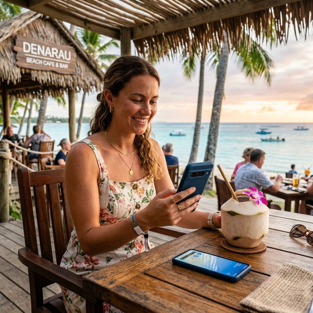Un viaggiatore seduto all'aperto in un bar sulla spiaggia a Denarau con in mano uno smartphone che mostra una connessione di rete mobile attiva, accanto a una bevanda al cocco fresco
