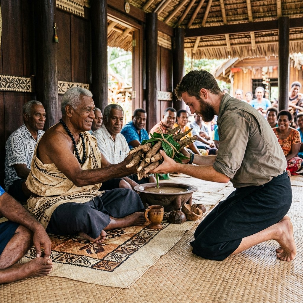 Un viaggiatore che presenta un fascio di radice di kava grezza waka al capo di un villaggio delle Fiji durante una cerimonia tradizionale di benvenuto Sevusevu