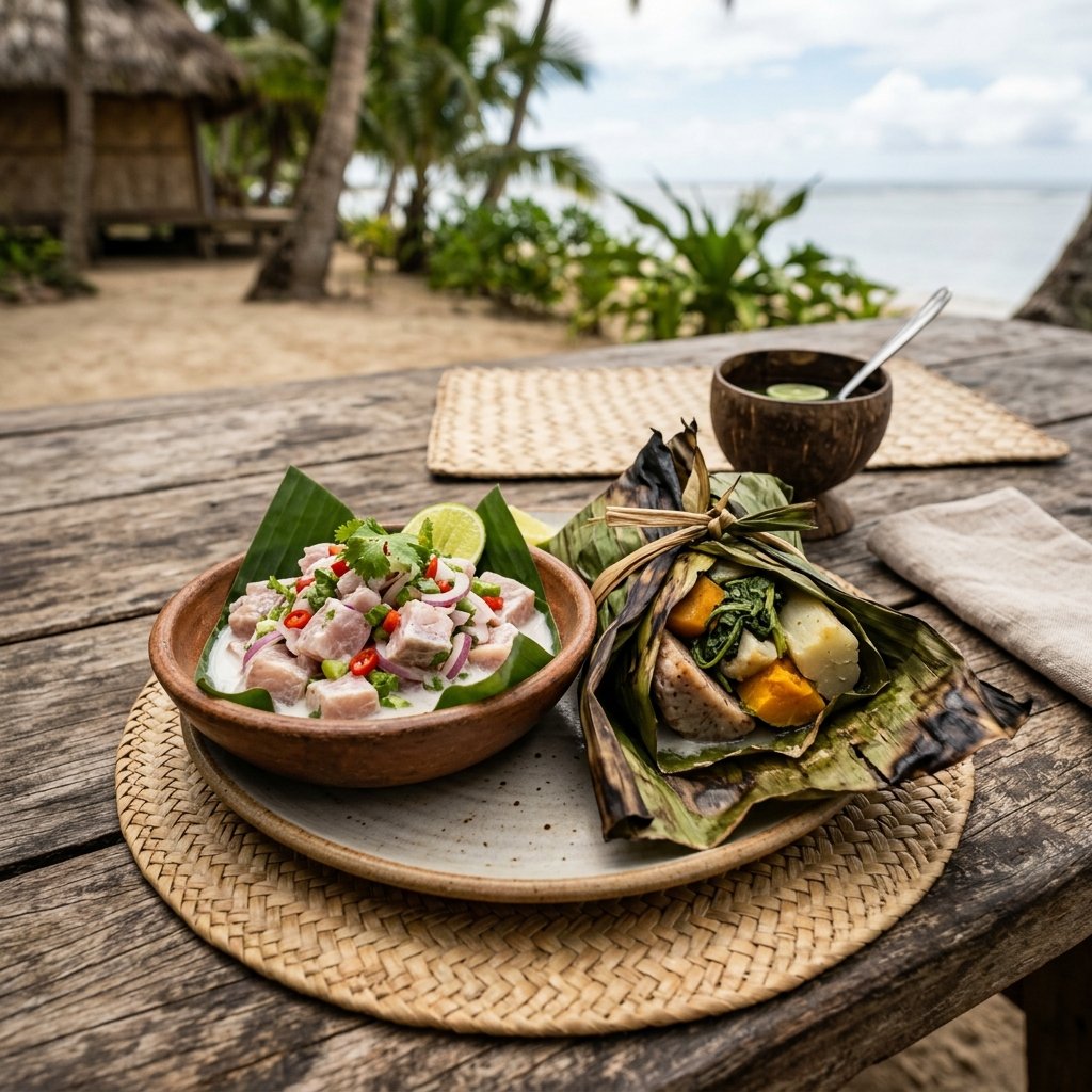 Un piatto tradizionale delle Fiji contenente una ciotola di insalata fresca di pesce crudo Kokoda e verdure arrostite Lovo avvolte in foglie di banano
