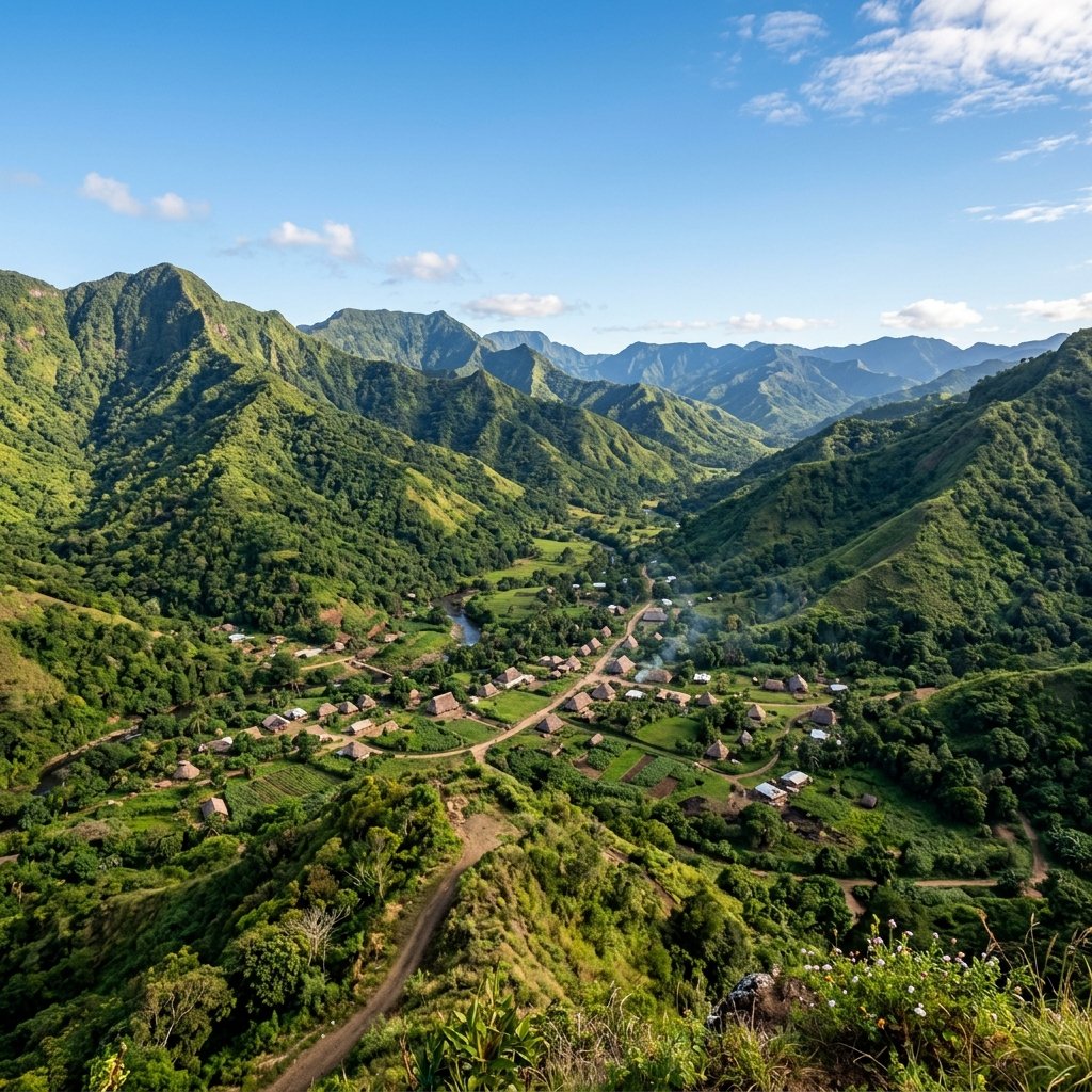 La vista mozzafiato delle rigogliose montagne verdi delle Nausori Highlands alle Fiji con un villaggio locale adagiato nella valle