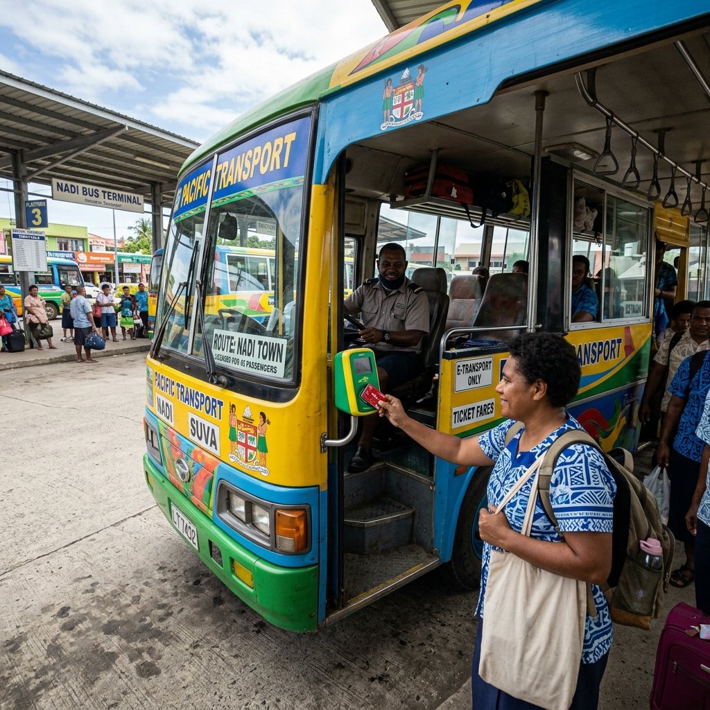 Un autobus pubblico locale parcheggiato in un terminal degli autobus a Nadi, Fiji, con un passeggero che timbra la propria carta e-Transport