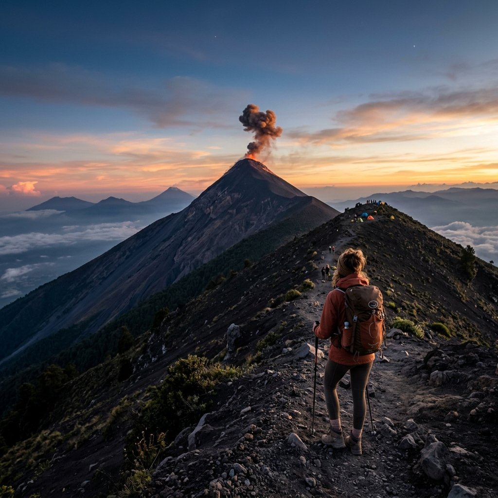 Hiker standing on the volcanic ridge of Acatenango Volcano at sunrise looking at Fuego Volcano erupting