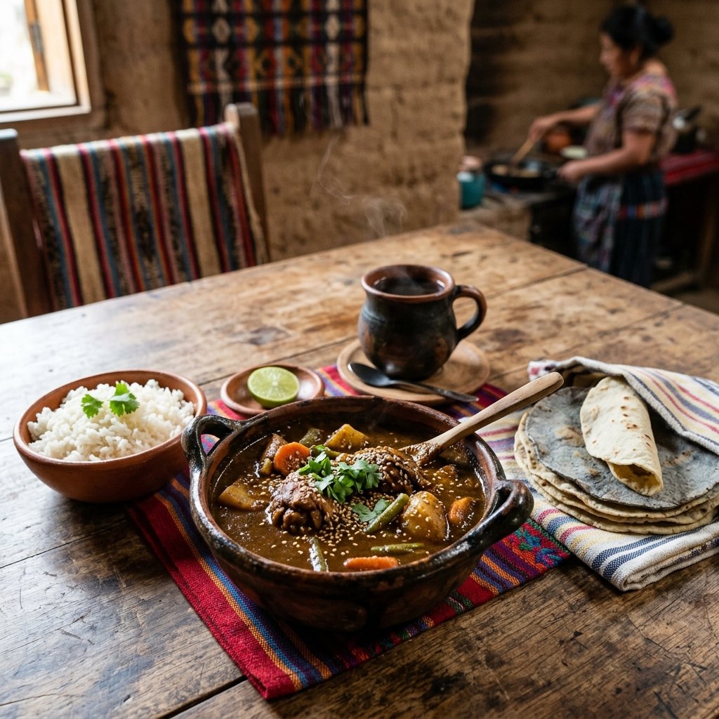 Traditional clay bowl of rich Guatemalan Pepian stew with rice and handmade corn tortillas