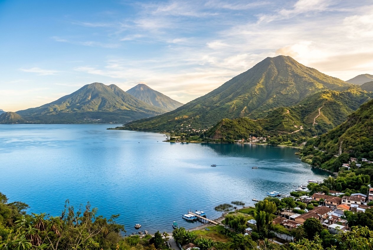 The stunning view of Lake Atitlán surrounded by lush volcanoes under a clear morning sky