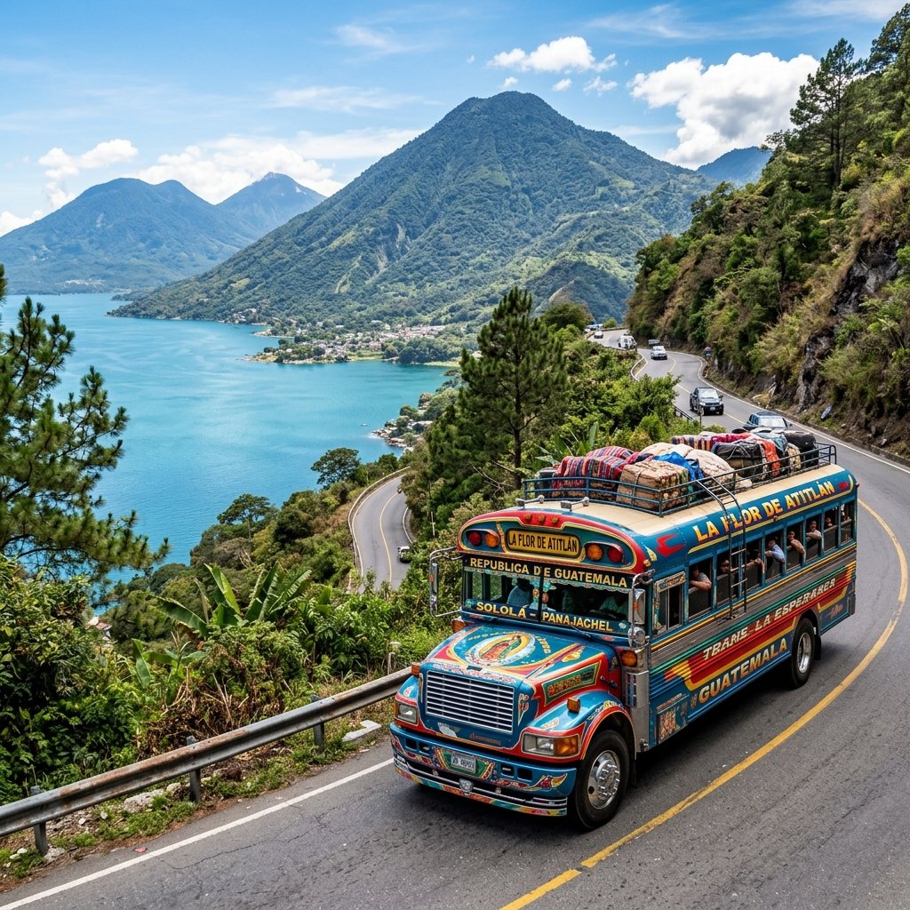 Colorful painted Guatemalan chicken bus camioneta navigating mountain roads near Lake Atitlan