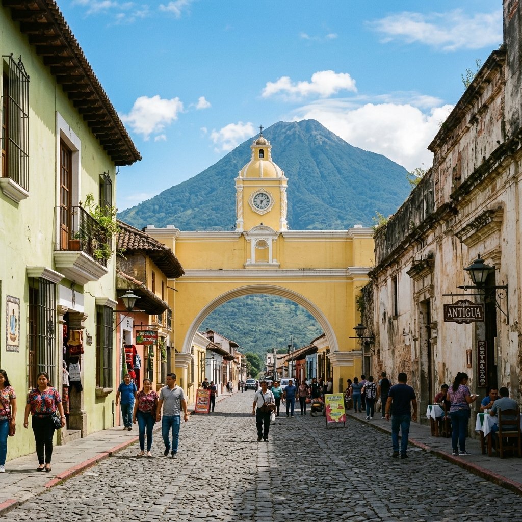 Scenic view of colonial Antigua Guatemala with Santa Catalina Arch and Agua Volcano