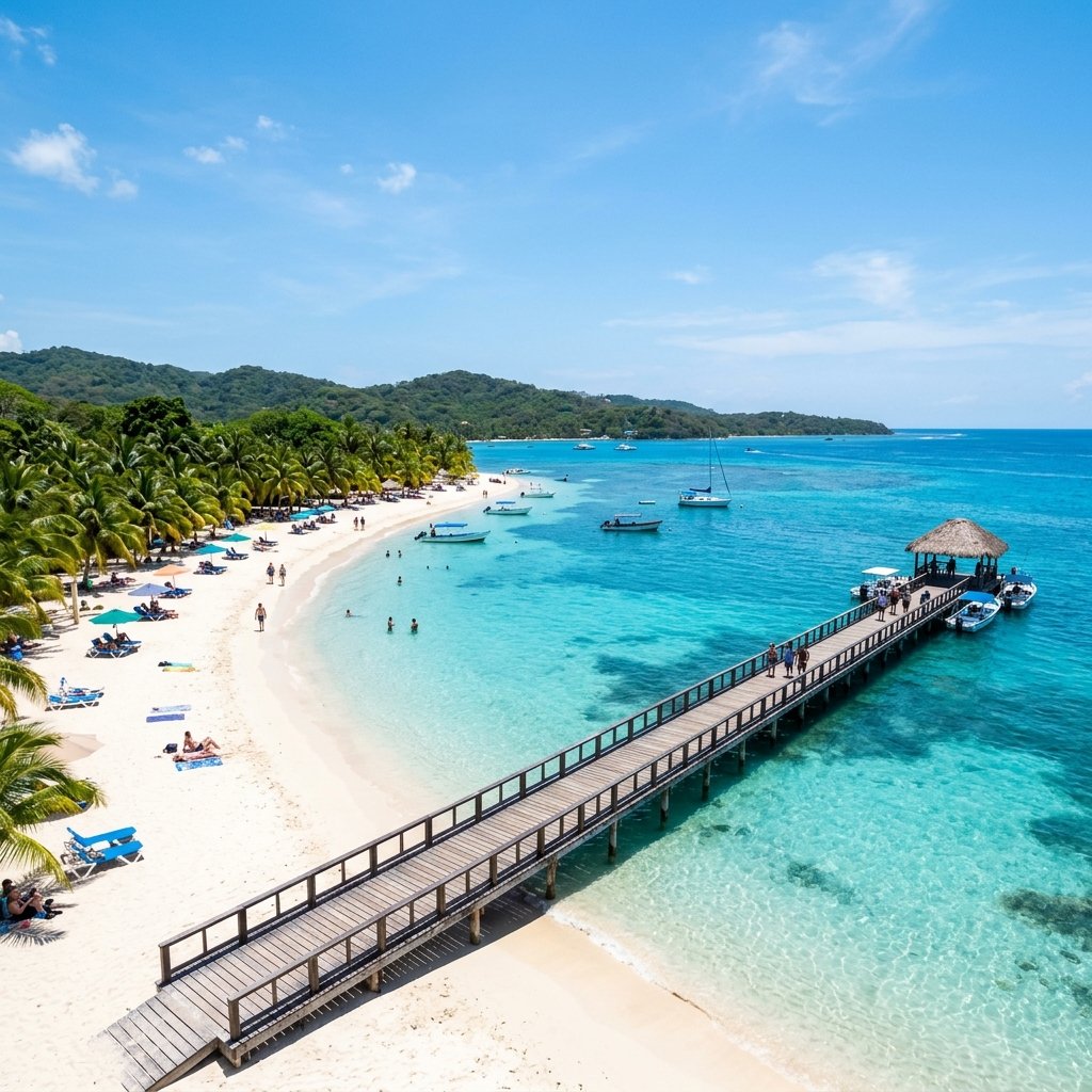Beautiful white sand beach and turquoise water of West Bay in Roatan Honduras under blue sky