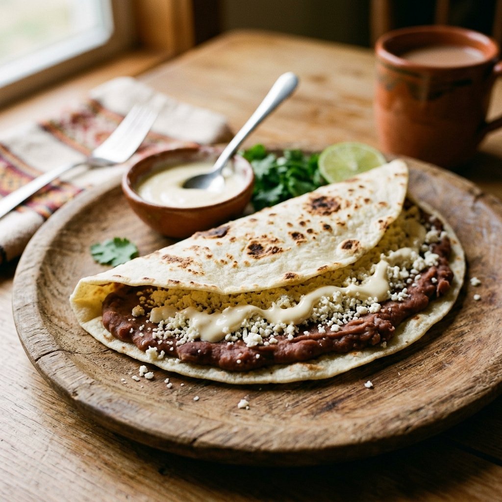 Traditional Honduran Baleada tortilla folded over refried red beans and crumbled cheese