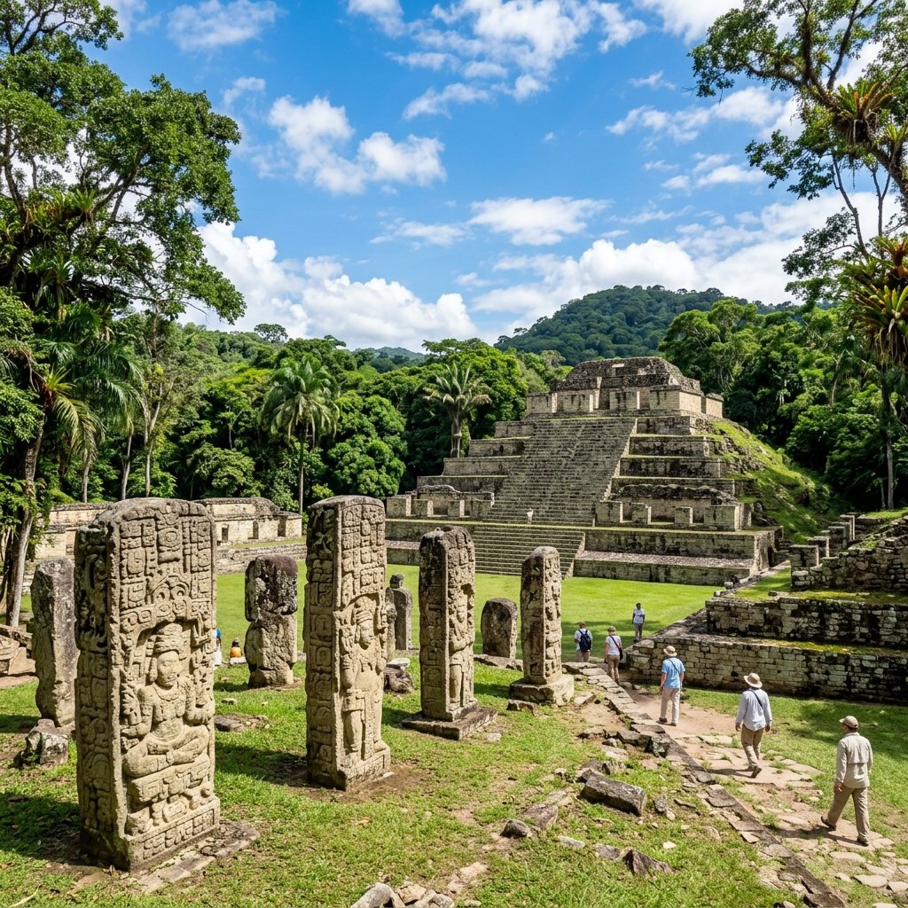 Le lussureggianti montagne verdi e le antiche rovine Maya di Copán sotto un cielo azzurro brillante