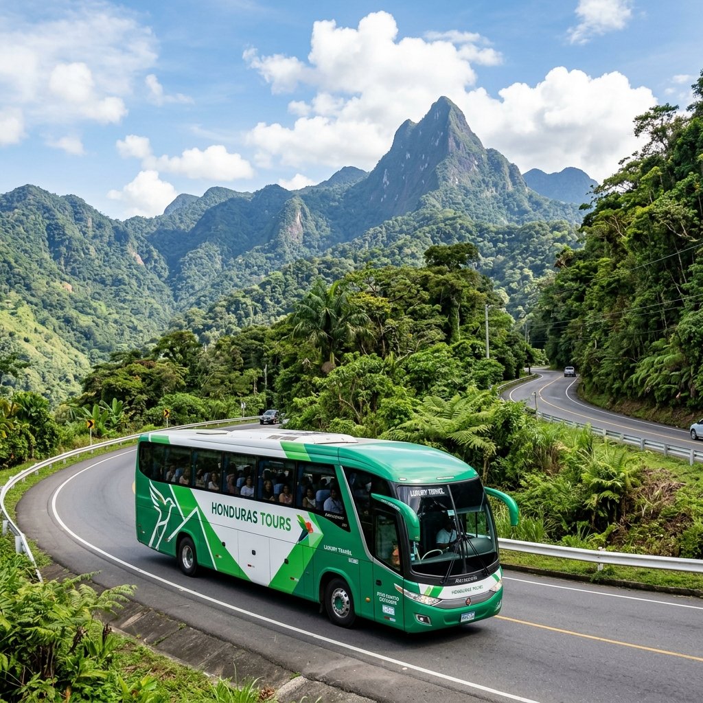 Modern green and white luxury tour coach driving on scenic mountain highway in Honduras
