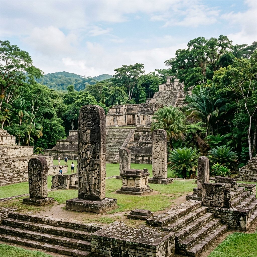 Scenic ancient Mayan stone stelae and ruins at Copan Ruinas Honduras in tropical jungle