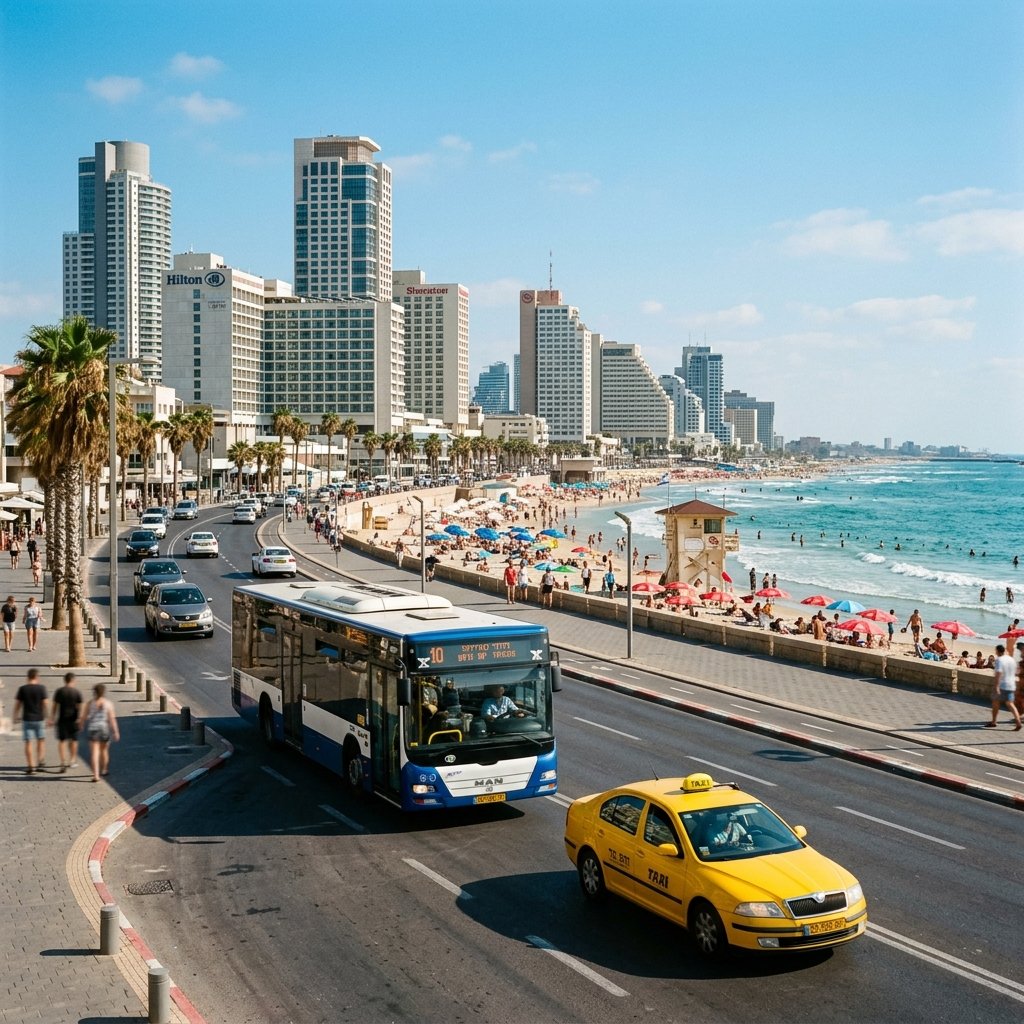 Skyline della spiaggia di Tel Aviv e trasporti locali