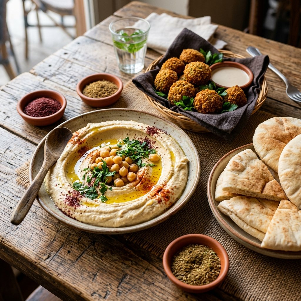 Piatto di hummus fresco con polpette di falafel e pane pita