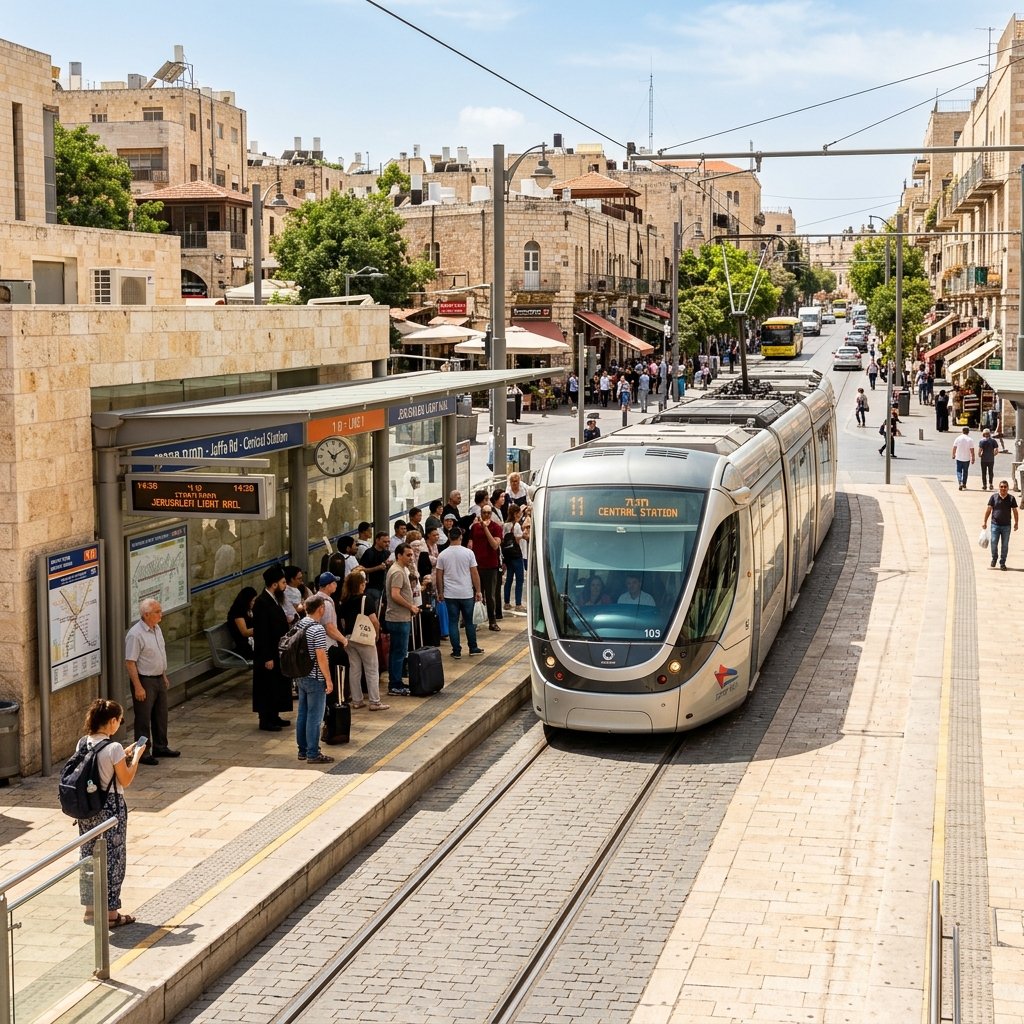 Tram di Gerusalemme in arrivo a una fermata
