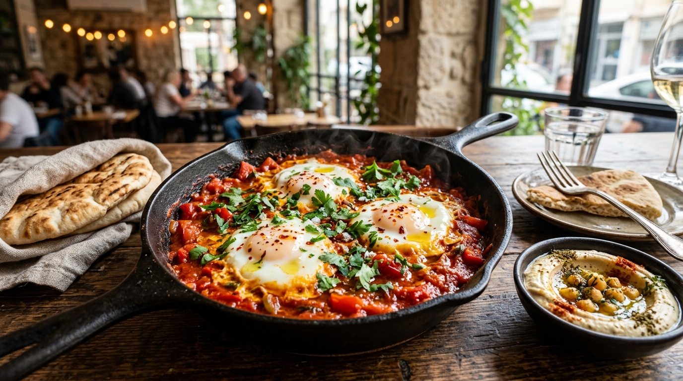 Piatto tradizionale Shakshuka e pane pita