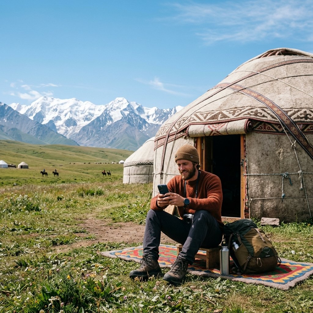 Un voyageur assis à l'extérieur d'une yourte traditionnelle dans les prairies de montagne reculées du Kirghizistan, tenant un smartphone qui indique une connexion réseau active