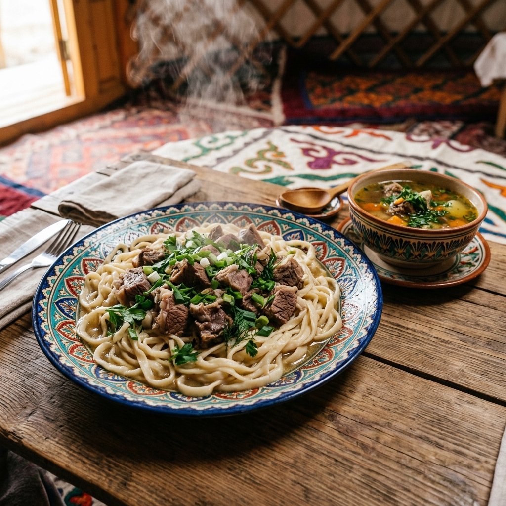 Une assiette décorative traditionnelle kirghize de viande bouillie Beshbarmak fumante et de nouilles à côté d'un bol de soupe Shorpo