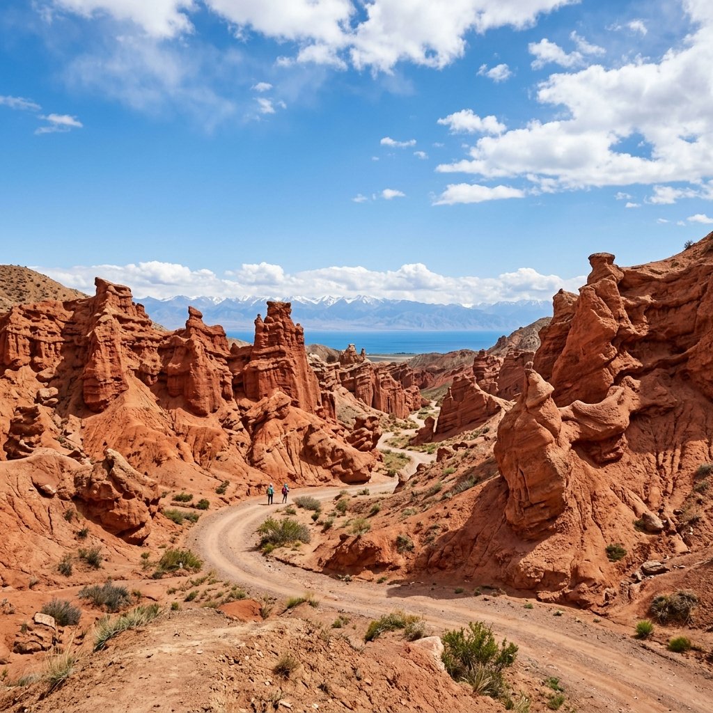 Les impressionnantes structures de grès rouge du canyon de Skazka (Fairy Tale Canyon) au Kirghizistan sous un ciel bleu éclatant