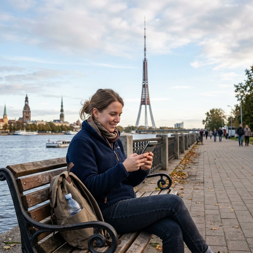Viajante a segurar smartphone com ligação 5G ativa, com a Torre de Rádio e Televisão de Riga em segundo plano