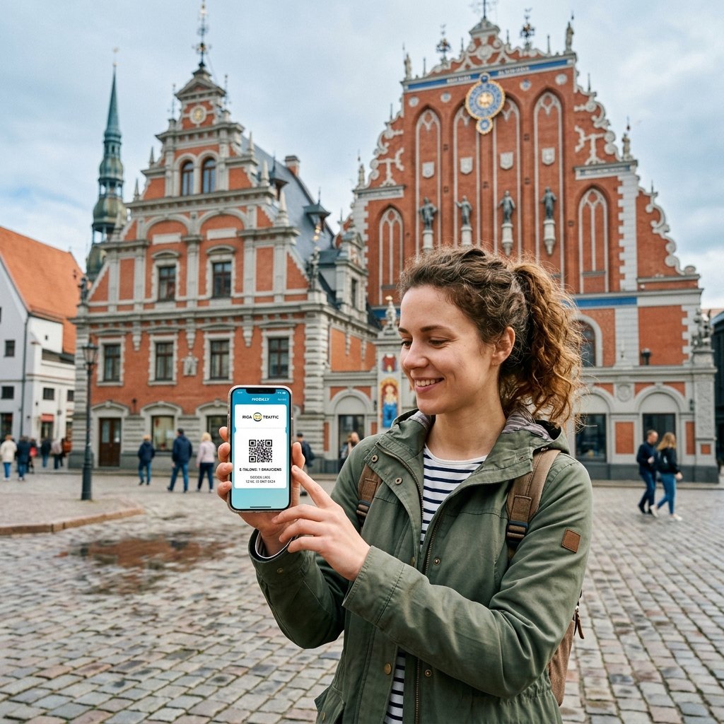 Turista a verificar rotas num smartphone com a app Mobilly em frente à Casa dos Cabeças Negras em Riga