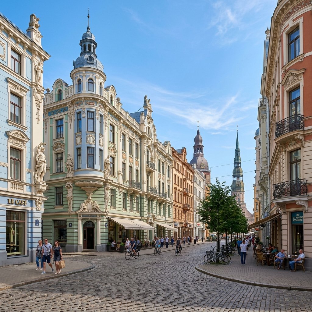 Vista panorâmica de edifícios Arte Nova coloridos e ruas de paralelepípedos do centro histórico de Riga