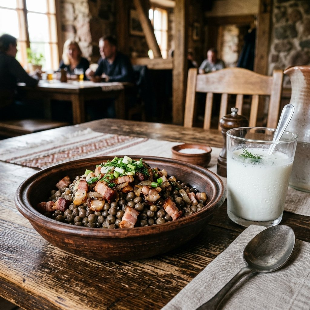 Uma tigela de barro de Pelēkie zirņi ar speķi servida com um copo de kefir sobre uma mesa de madeira rústica