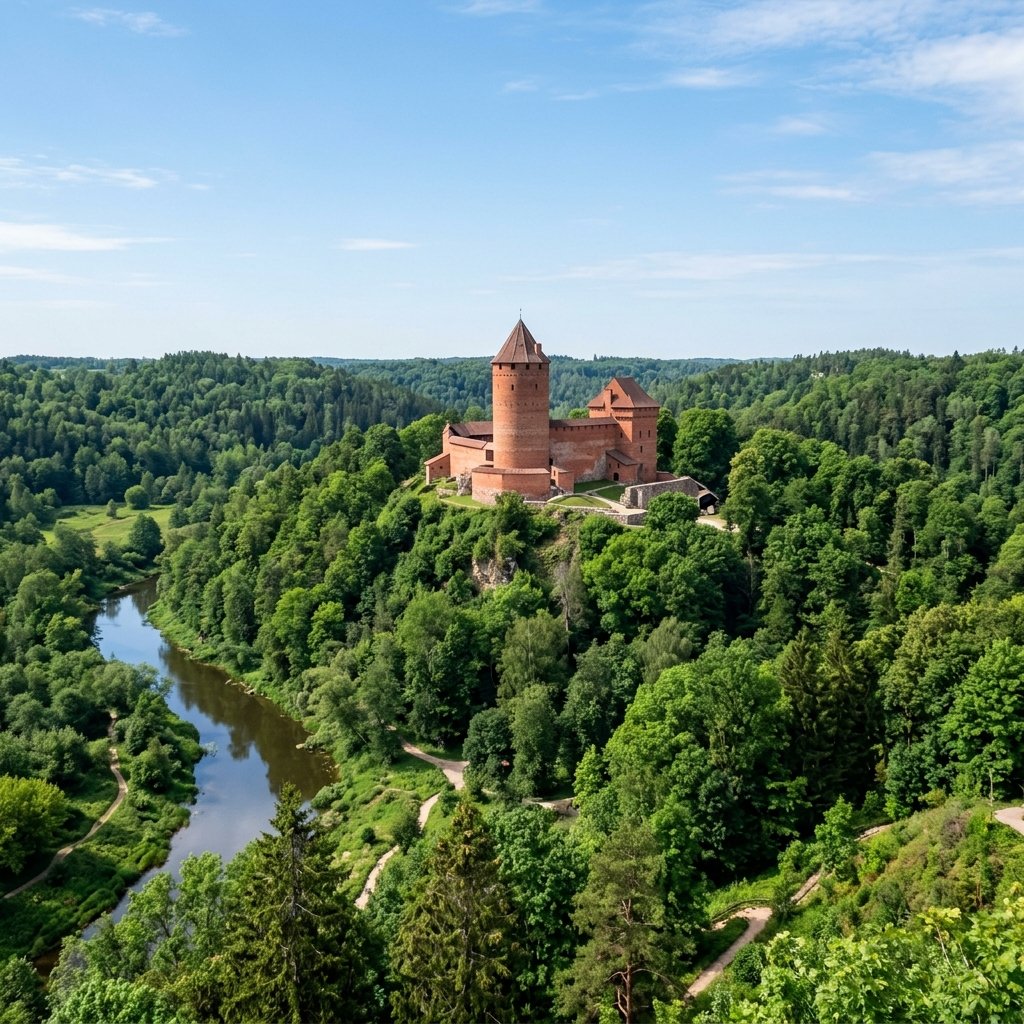 Uma vista pitoresca do Castelo de Pedra de Turaida em tijolo vermelho, rodeado por florestas verdes exuberantes em Sigulda