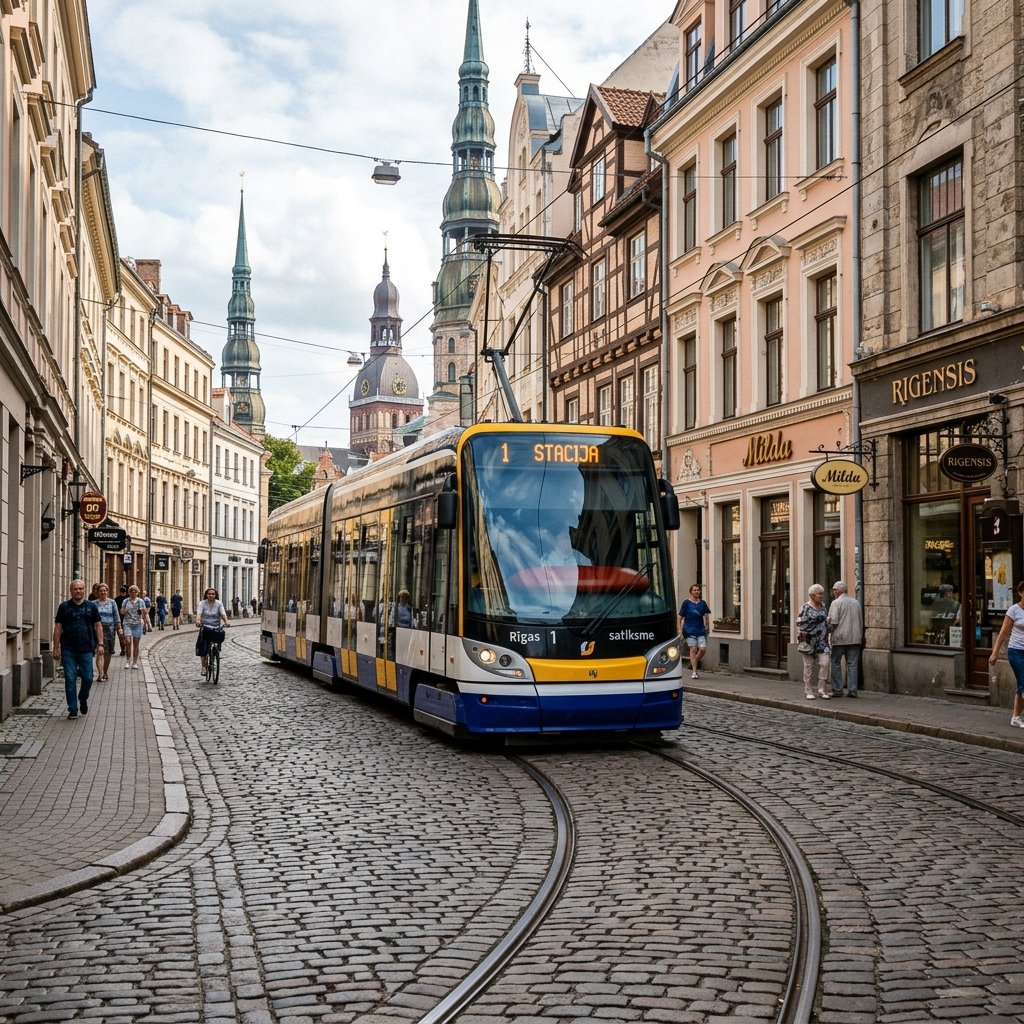 Um elétrico moderno de piso rebaixado a deslizar pelas históricas ruas de paralelepípedos de Riga
