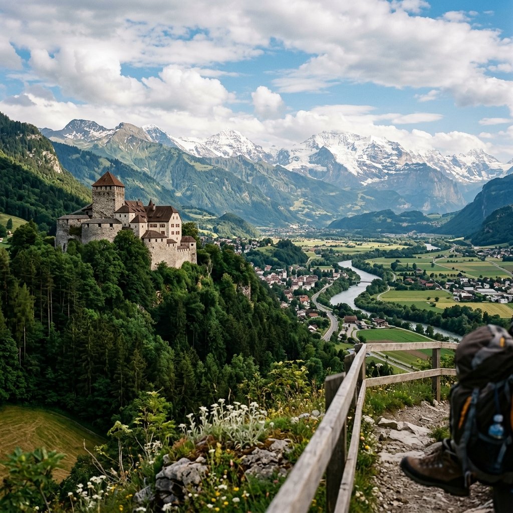 Vue panoramique du château de Vaduz perché sur une colline boisée surplombant la vallée du Rhin et les Alpes