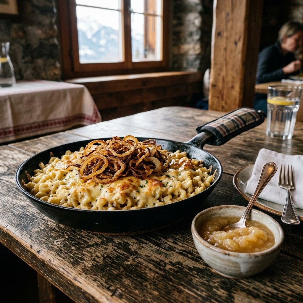 Une poêle en fonte de Käsknöpfle garnie d'oignons frits dorés, servie avec un petit bol de compote de pommes