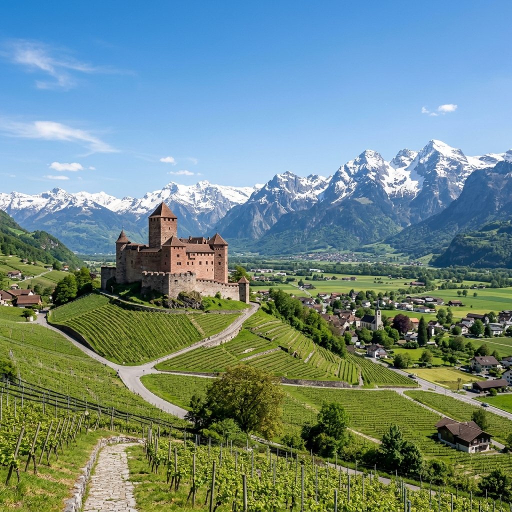 Une vue pittoresque du château de Gutenberg en briques rouges à Balzers, entouré de vignobles verdoyants et de montagnes enneigées