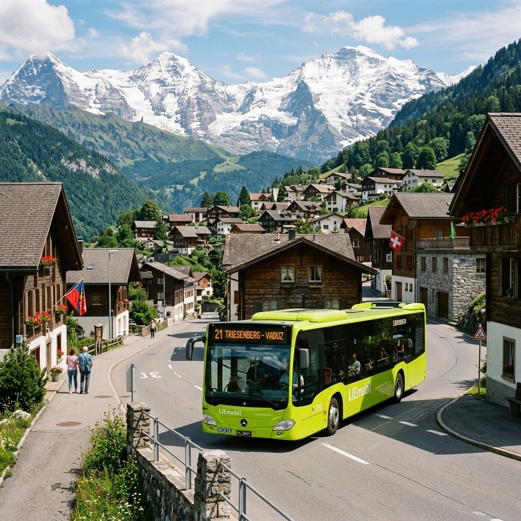 Un bus vert lime de LIEmobil traversant le village de montagne pittoresque de Triesenberg