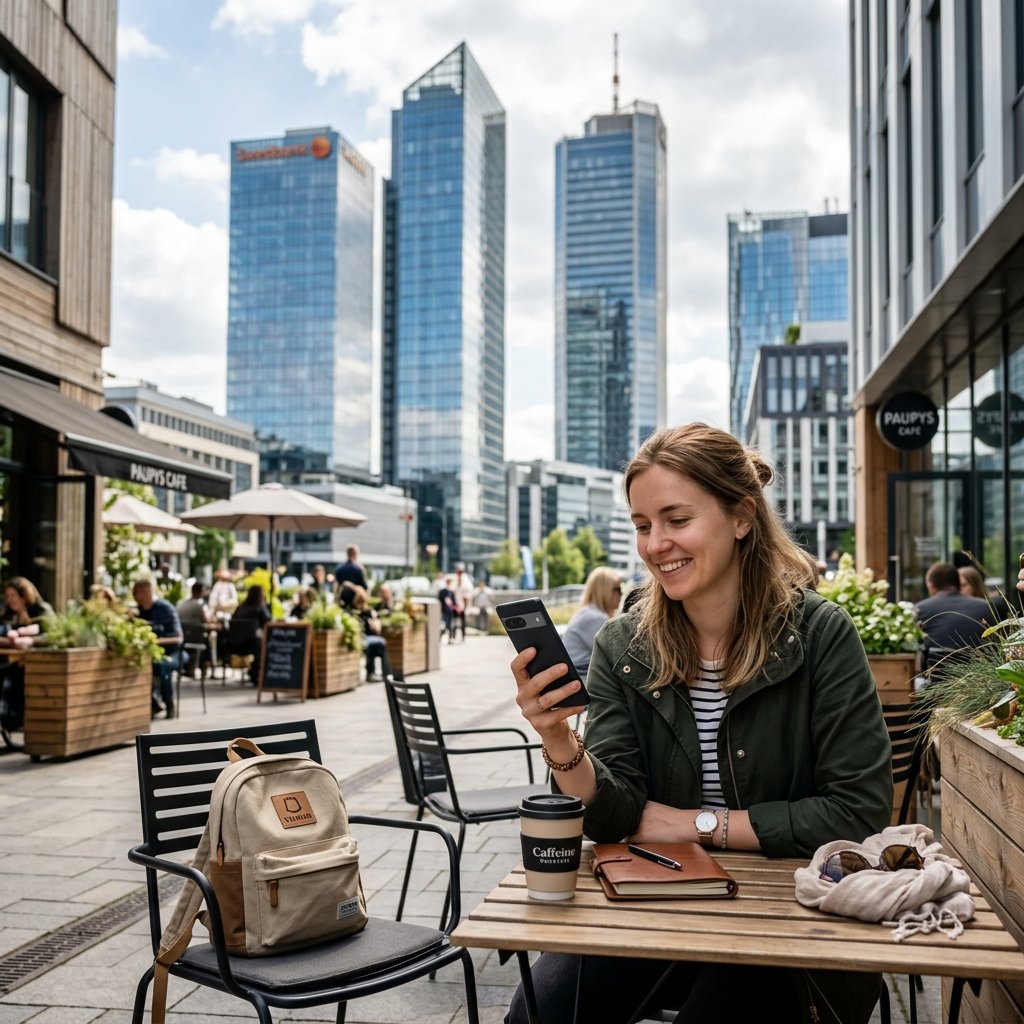 Viaggiatore con in mano uno smartphone che mostra una connessione 5G attiva con il moderno quartiere dei grattacieli di Vilnius sullo sfondo