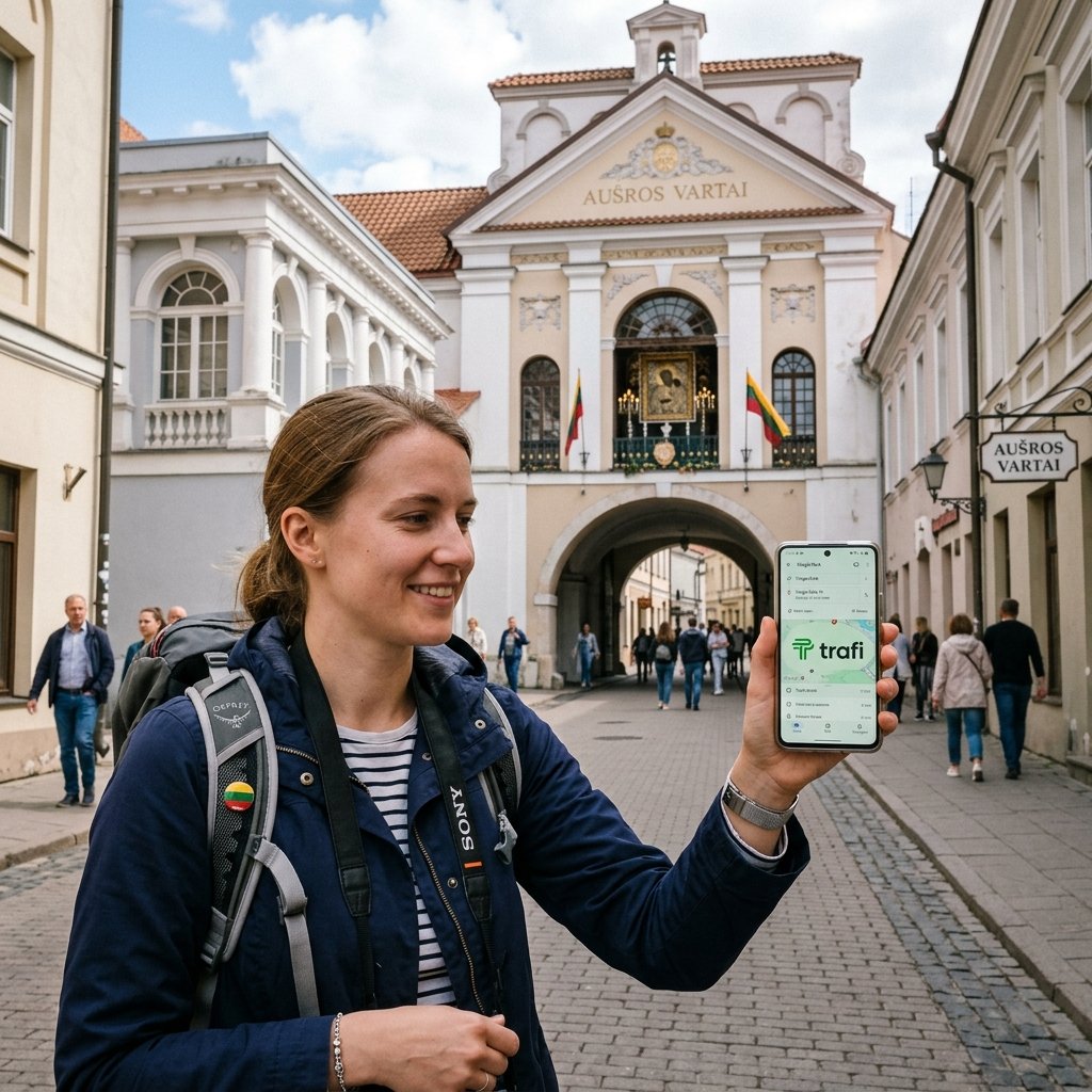 Turista con in mano uno smartphone che mostra l'app di pianificazione dei trasporti Trafi di fronte alla Porta dell'Aurora a Vilnius