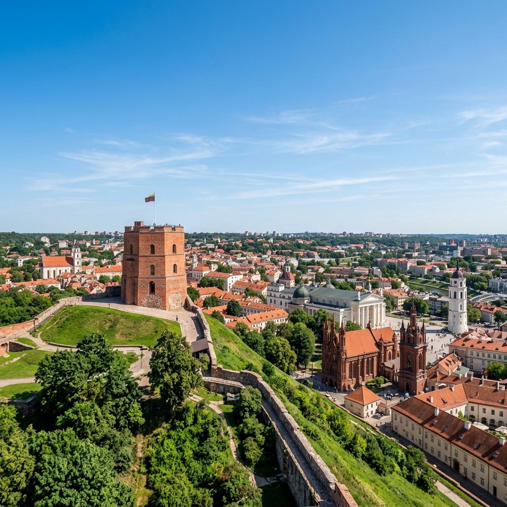 Veduta panoramica della torre del castello di Gediminas in mattoni rossi che domina il centro storico di Vilnius