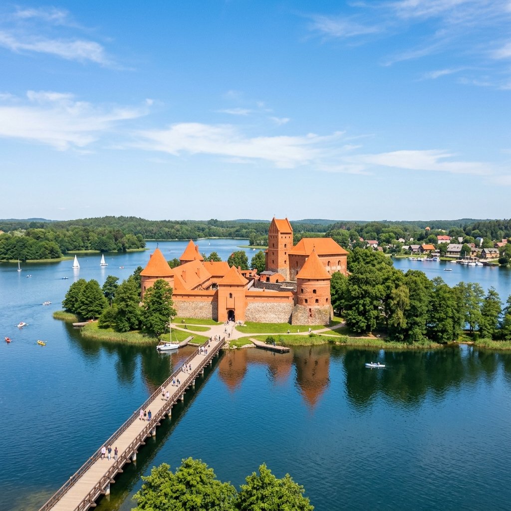 Una vista pittoresca del castello dell'isola di Trakai in mattoni rossi situato sul lago Galvė