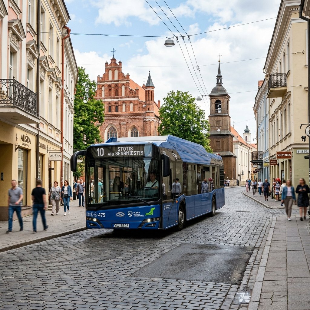 Un elegante e moderno autobus blu che transita agevolmente per le strade storiche di Vilnius