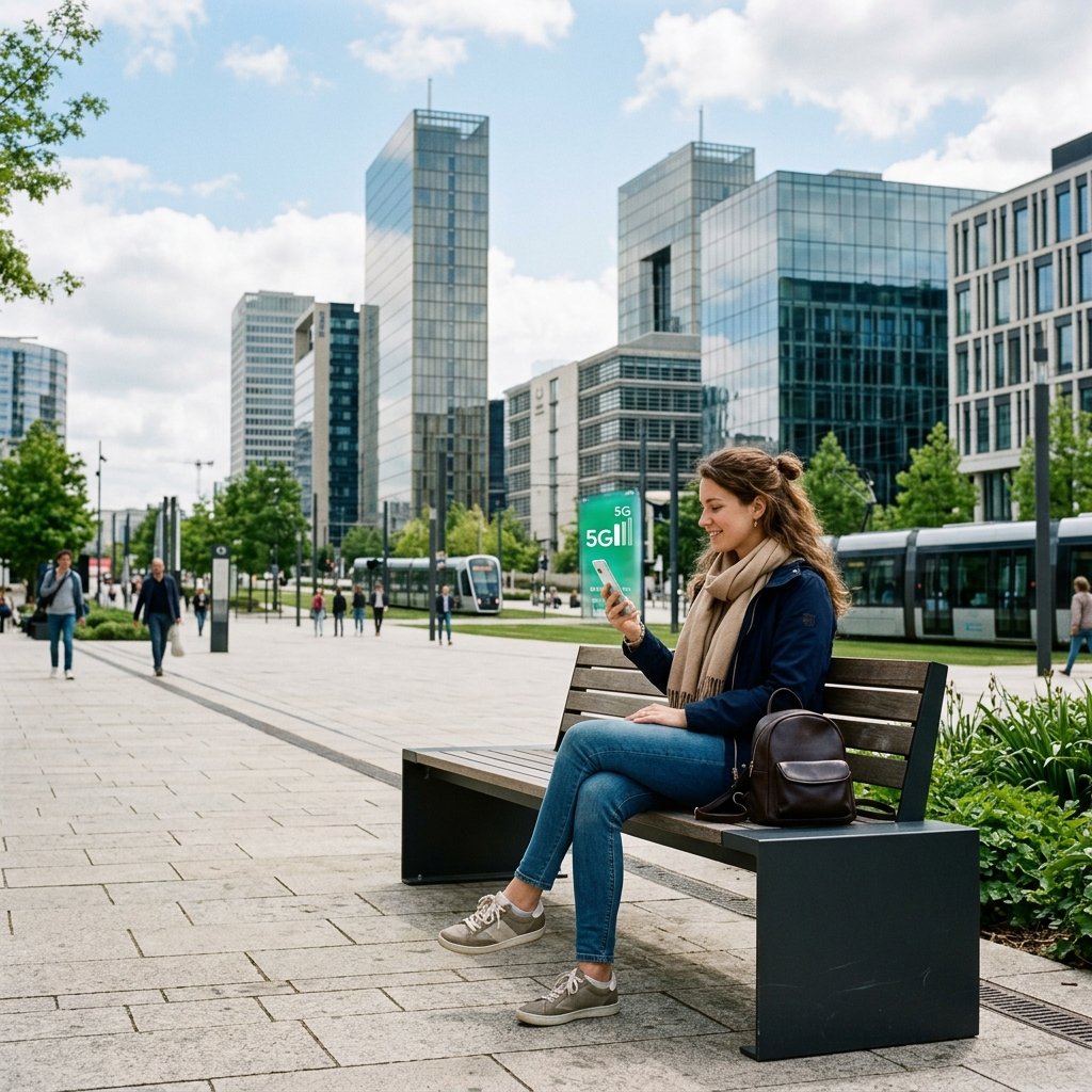Viaggiatore che tiene in mano uno smartphone con connessione 5G attiva e lo skyline di Kirchberg sullo sfondo