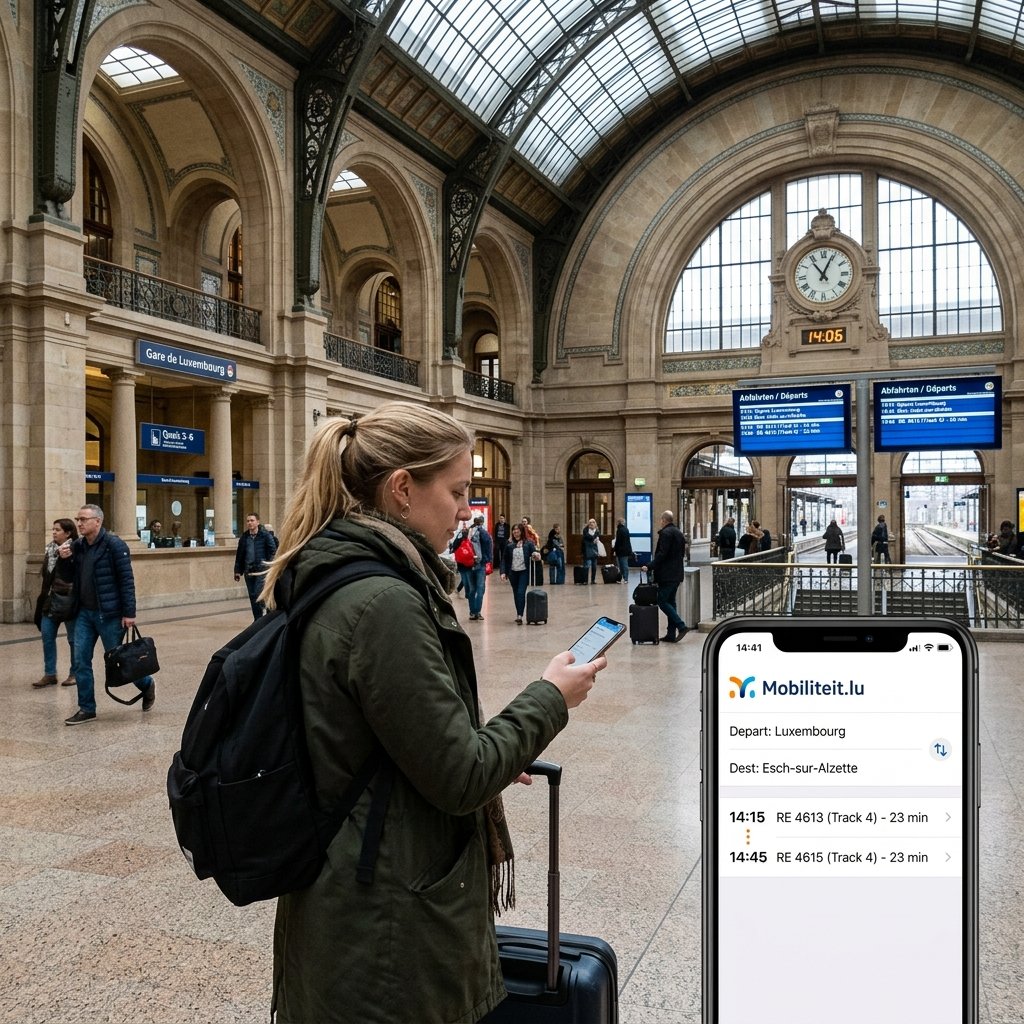 Turista che controlla i percorsi su uno smartphone che mostra l'app Mobiliteit.lu alla stazione centrale di Lussemburgo